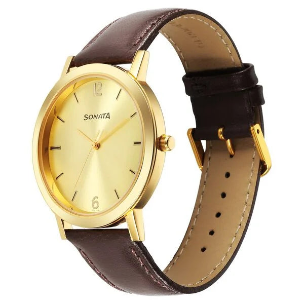 Sonata Utsav Quartz Analog Champagne Dial Leather Strap Watch for Men 77108yl03