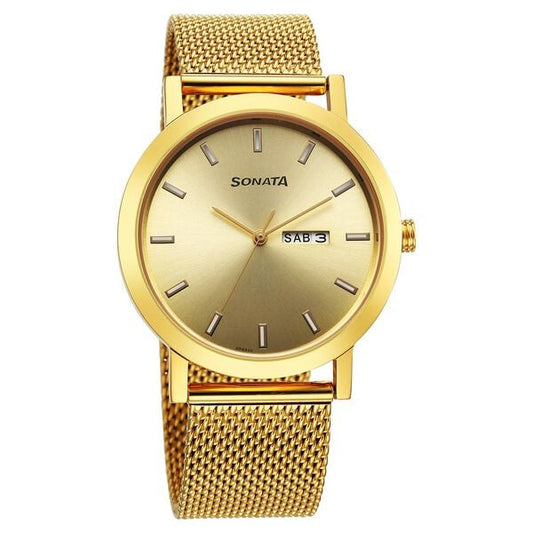 Sonata Utsav Quartz Analog with Day and Date Champagne Dial Stainless Steel Strap Watch for Men 77108ym09