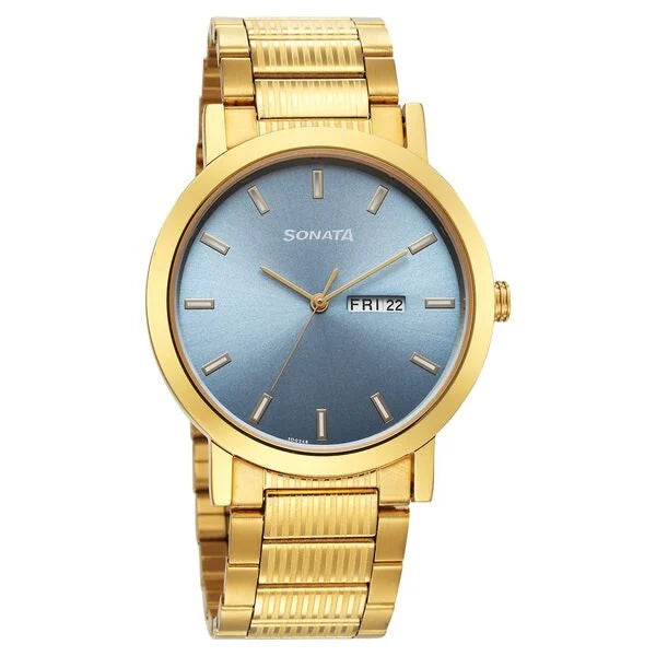 Sonata Utsav Quartz Analog with Day and Date Blue Dial Stainless Steel Strap Watch for Men  77108YM10