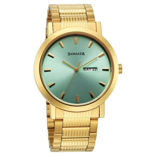 Sonata Utsav Quartz Analog with Day and Date Green Dial Stainless Steel Strap Watch for Men 77108YM14