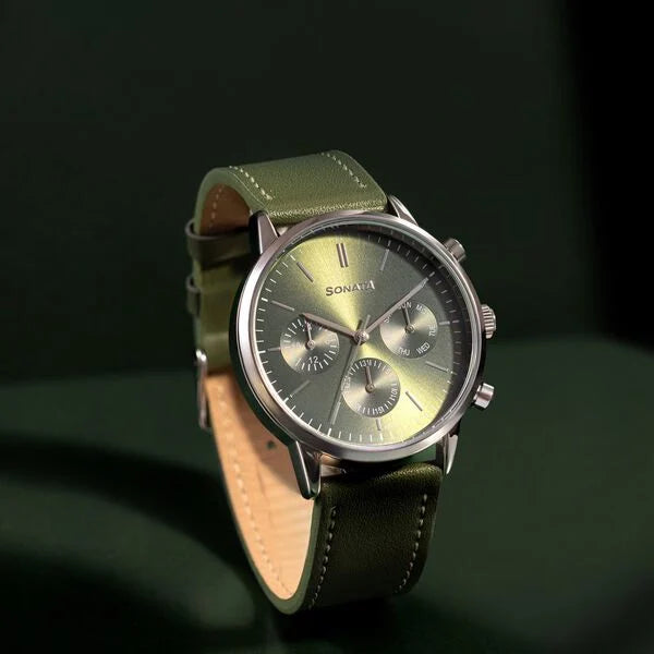 Sonata Quartz Multifunction Green Dial Green Leather Strap Watch For Men 77139SL02