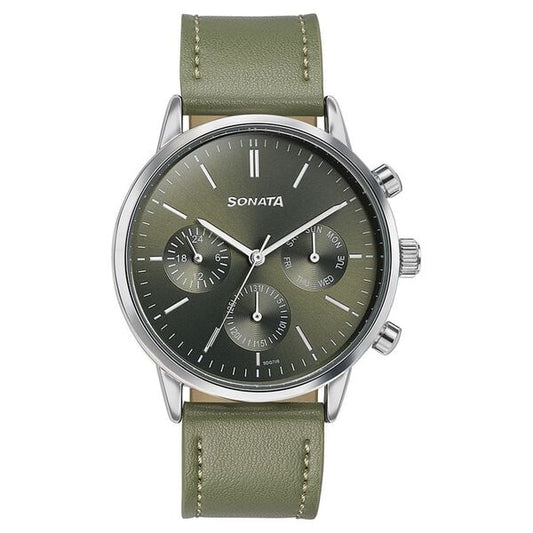 Sonata Quartz Multifunction Green Dial Green Leather Strap Watch For Men 77139SL02