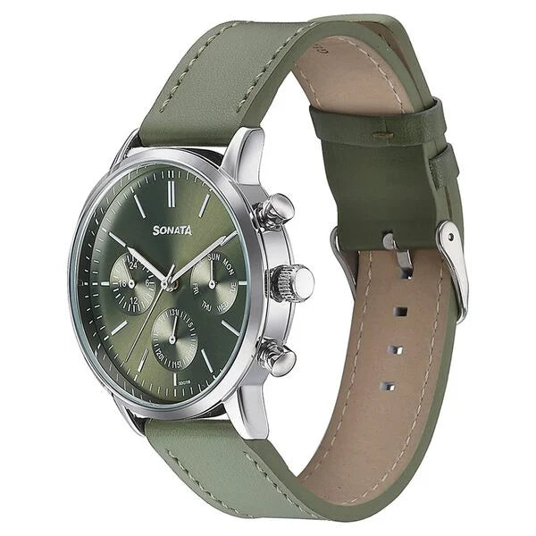 Sonata Quartz Multifunction Green Dial Green Leather Strap Watch For Men 77139SL02