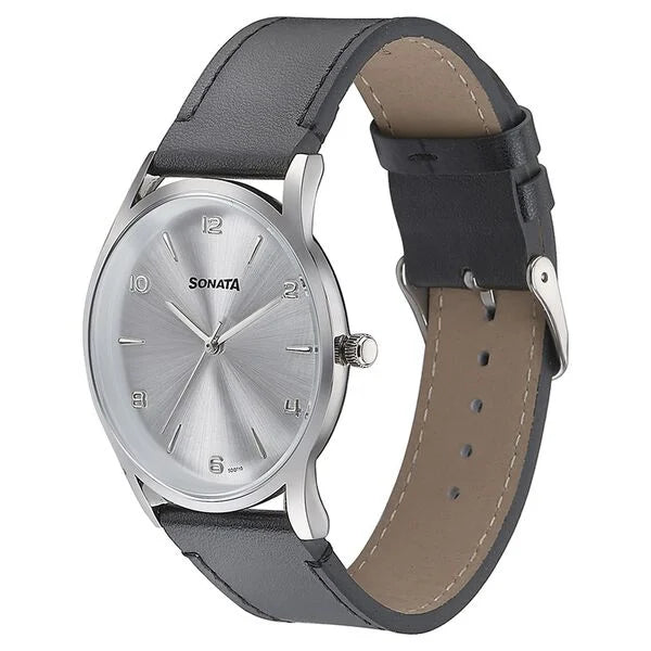 Sonata Quartz Analog Silver Dial Black Leather Strap Watch For Men 77140sl01