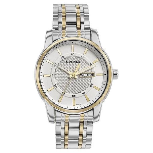 Sonata Quartz Analog with Day and Date White Dial Two Toned Stainless Steel Strap Watch For Men 77141bm01