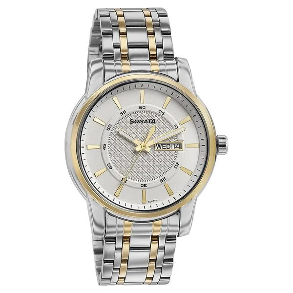 Sonata Quartz Analog with Day and Date White Dial Two Toned Stainless Steel Strap Watch For Men 77141bm01