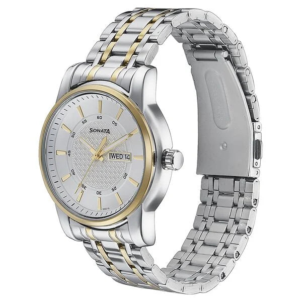 Sonata Quartz Analog with Day and Date White Dial Two Toned Stainless Steel Strap Watch For Men 77141bm01