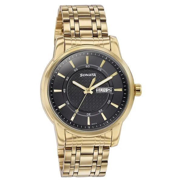 Sonata Quartz Analog with Day and Date Black Dial Golden Stainless Steel Strap Watch For Men 77141ym01