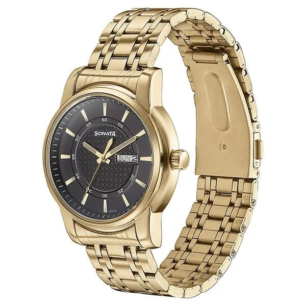 Sonata Quartz Analog with Day and Date Black Dial Golden Stainless Steel Strap Watch For Men 77141ym01