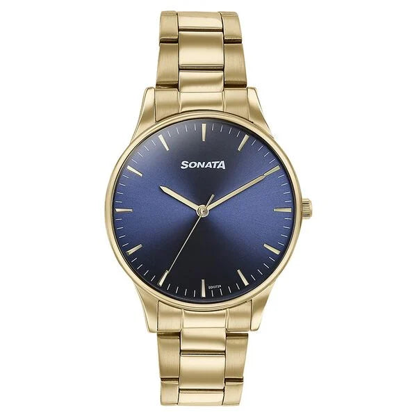 Sonata Quartz Analog Blue Dial Golden Stainless Steel Strap Watch For Men 77144ym01