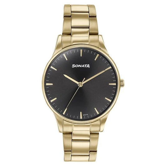 Sonata Quartz Analog Black Dial Golden Stainless Steel Strap Watch For Men 77144ym03