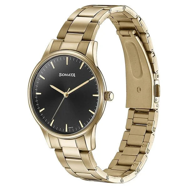 Sonata Quartz Analog Black Dial Golden Stainless Steel Strap Watch For Men 77144ym03