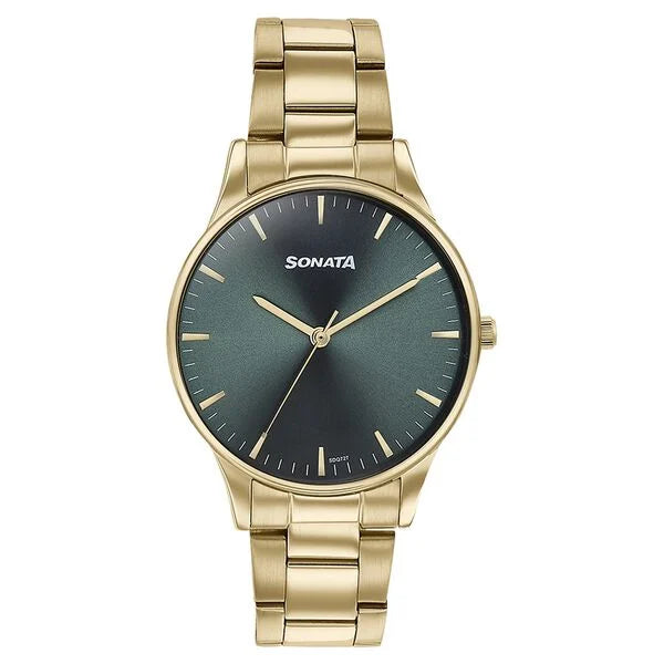 Sonata Quartz Analog Green Dial Golden Stainless Steel Strap Watch For Men 77144YM04