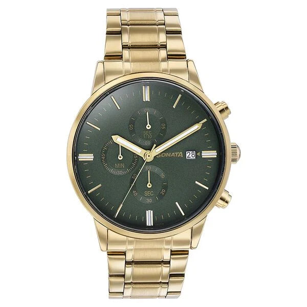 Sonata Quartz Multifunction Green Dial Golden Stainless Steel Strap Watch For Men 77145ym01