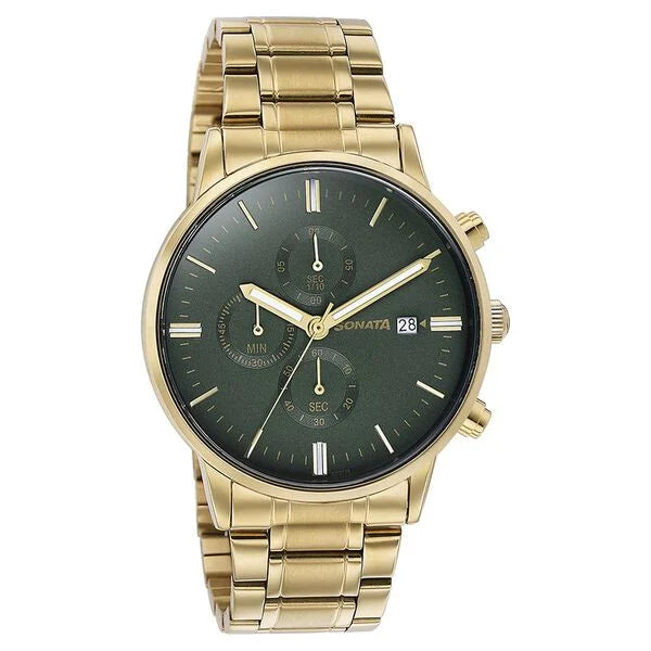 Sonata Quartz Multifunction Green Dial Golden Stainless Steel Strap Watch For Men 77145ym01