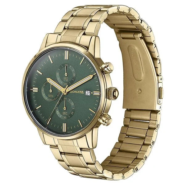 Sonata Quartz Multifunction Green Dial Golden Stainless Steel Strap Watch For Men 77145ym01