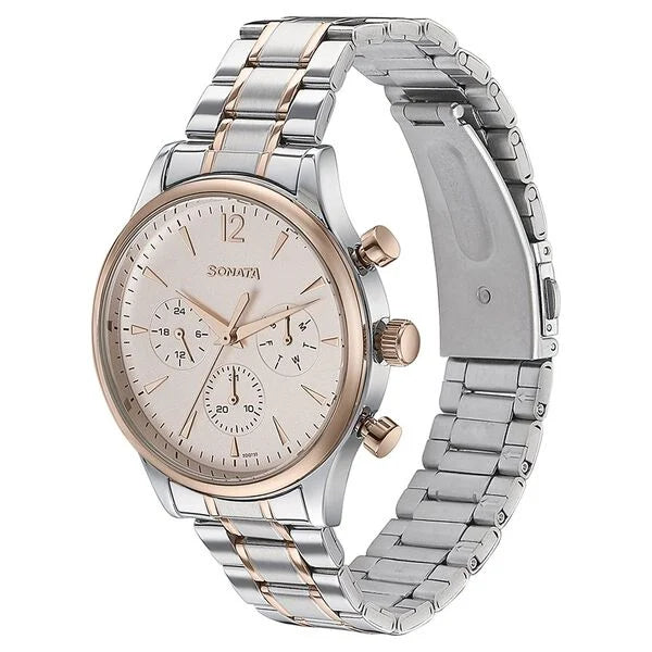 Sonata Quartz Multifunction Pink Dial Two Toned Stainless Steel Strap Watch For Men 77146km01