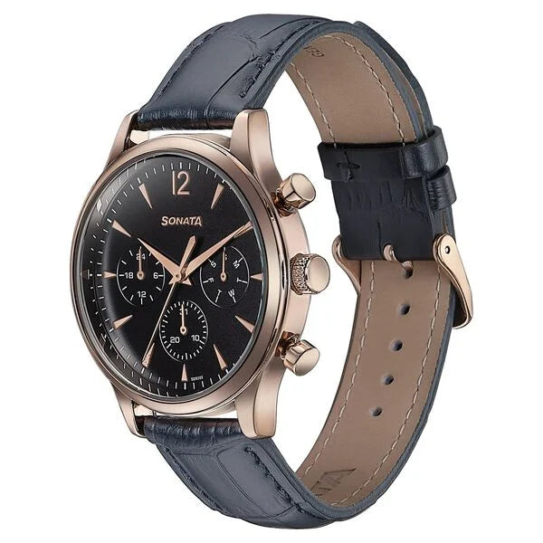 Sonata Wedding Edit Quartz Multifunction Black Dial Leather Strap Watch For Men 77146wl02