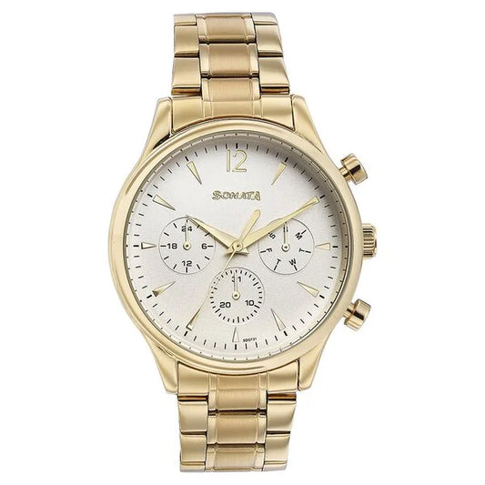 Sonata Quartz Multifunction White Dial Golden Stainless Steel Strap Watch For Men 77146ym01