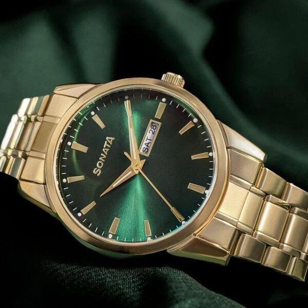 Sonata Quartz Analog with Day and Date Green Dial Golden Stainless Steel Strap Watch For Men 77147ym02