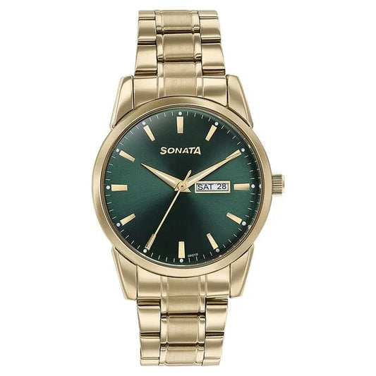 Sonata Quartz Analog with Day and Date Green Dial Golden Stainless Steel Strap Watch For Men 77147ym02