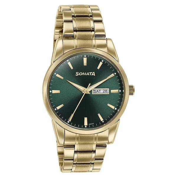 Sonata Quartz Analog with Day and Date Green Dial Golden Stainless Steel Strap Watch For Men 77147ym02