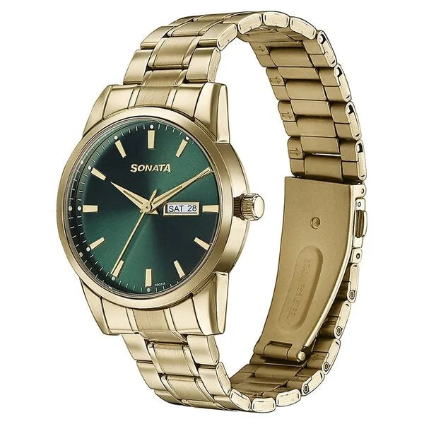 Sonata Quartz Analog with Day and Date Green Dial Golden Stainless Steel Strap Watch For Men 77147ym02