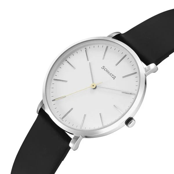 Sonata Ascent Quartz Analog White Dial Leather Strap Watch For Men 77150sl01