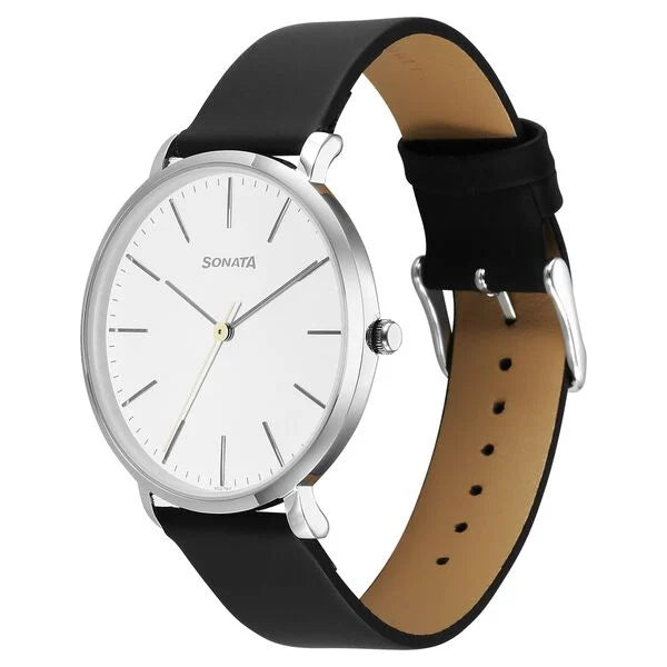 Sonata Ascent Quartz Analog White Dial Leather Strap Watch For Men 77150sl01