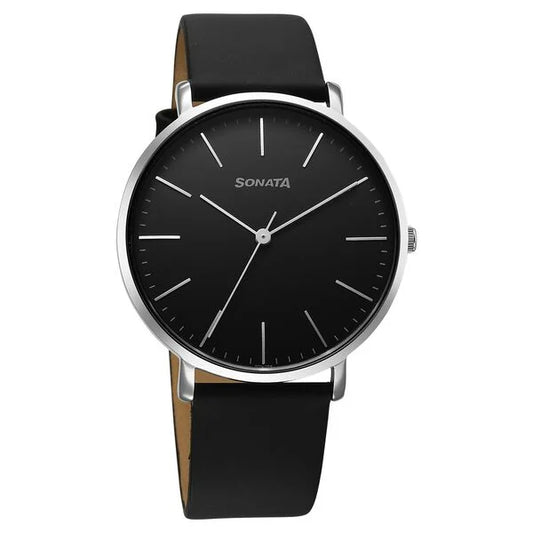 Sonata Ascent Quartz Analog Black Dial Leather Strap Watch For Men 77150sl02