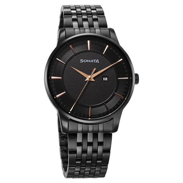 Sonata Wedding Quartz Analog Black Dial Stainless Steel Strap Watch For Men 77153nm01