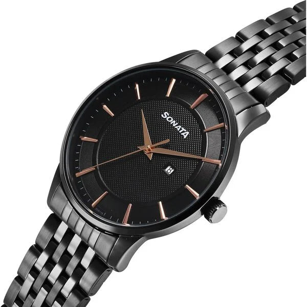 Sonata Wedding Quartz Analog Black Dial Stainless Steel Strap Watch For Men 77153nm01