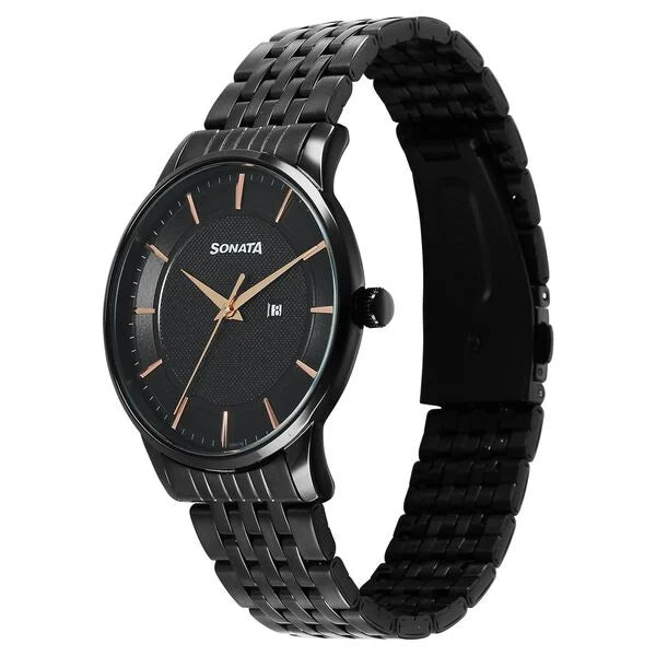 Sonata Wedding Quartz Analog Black Dial Stainless Steel Strap Watch For Men 77153nm01