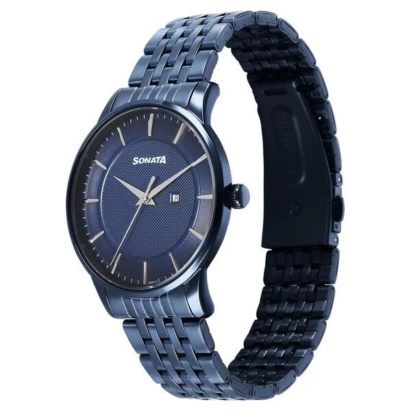 Sonata Wedding Quartz Analog Blue Dial Stainless Steel Strap Watch For Men 77153qm01