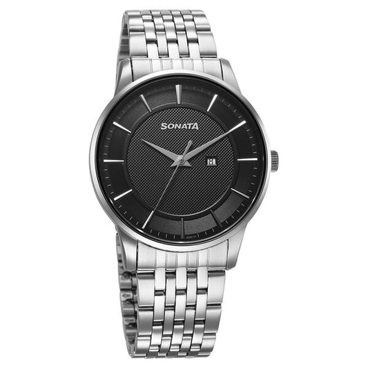 Sonata Wedding Quartz Analog Black Dial Stainless Steel Strap Watch For Men 77153sm01