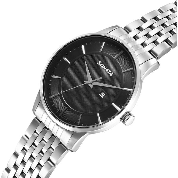 Sonata Wedding Quartz Analog Black Dial Stainless Steel Strap Watch For Men 77153sm01