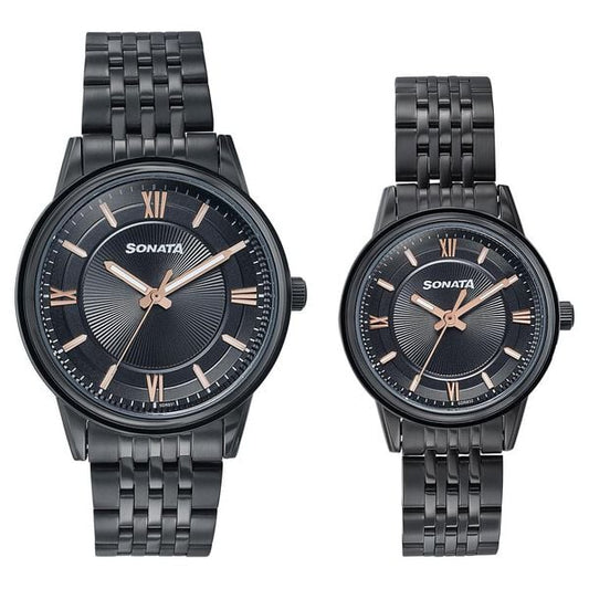 Sonata Wedding Edit Quartz Analog Black Dial Stainless Steel Strap Watch For Pair 7715487076nm01