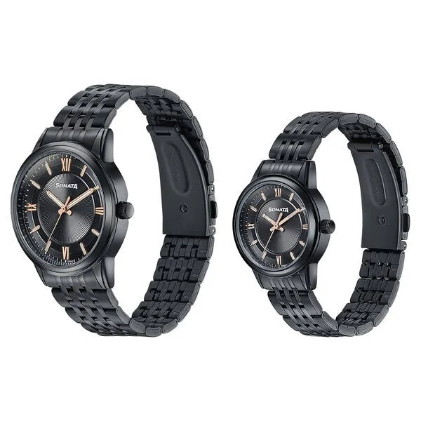 Sonata Wedding Edit Quartz Analog Black Dial Stainless Steel Strap Watch For Pair 7715487076nm01