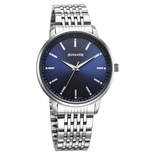 Sonata Wedding Quartz Analog Blue Dial Stainless Steel Strap Watch For Men 77156sm01