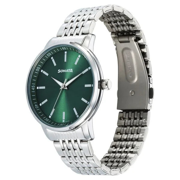 Sonata Wedding Quartz Analog Green Dial Stainless Steel Strap Watch For Men 77156SM02