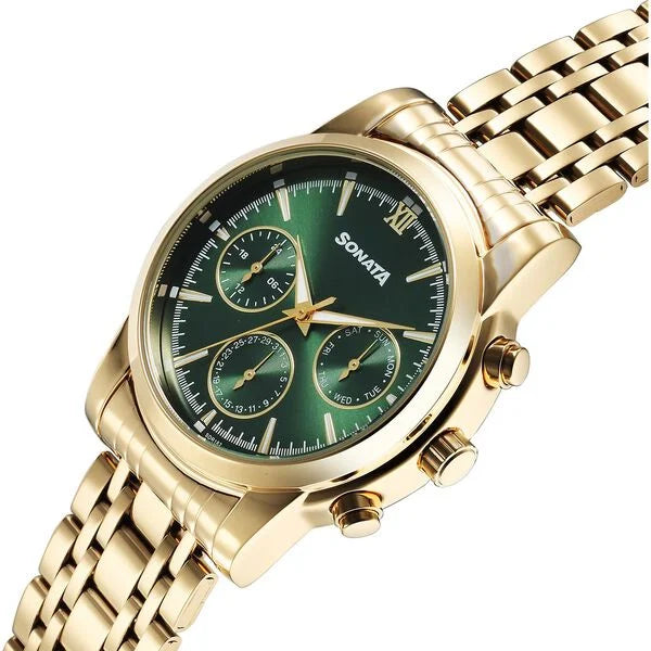 Sonata Wedding Multifunction Green Dial Stainless Steel Strap Watch For Men 77158ym01