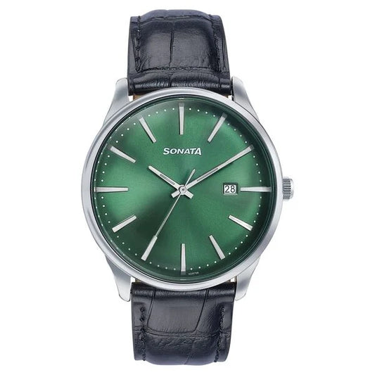 Sonata Wedding Edit Quartz Analog with Date Green Dial Leather Strap Watch For Men 77166sl01