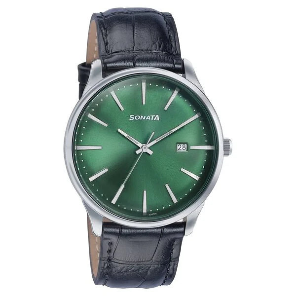 Sonata Wedding Edit Quartz Analog with Date Green Dial Leather Strap Watch For Men 77166sl01