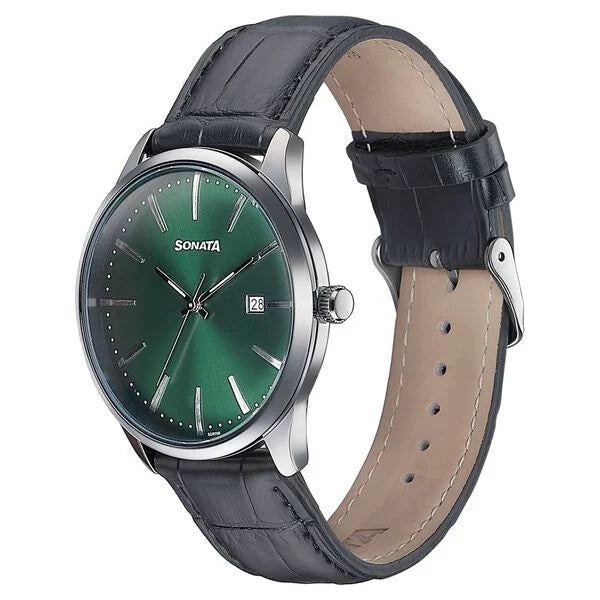 Sonata Wedding Edit Quartz Analog with Date Green Dial Leather Strap Watch For Men 77166sl01