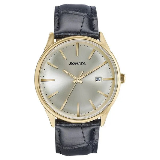 Sonata Wedding Edit Quartz Analog with Date Golden Dial Leather Strap Watch For Men 77166yl01