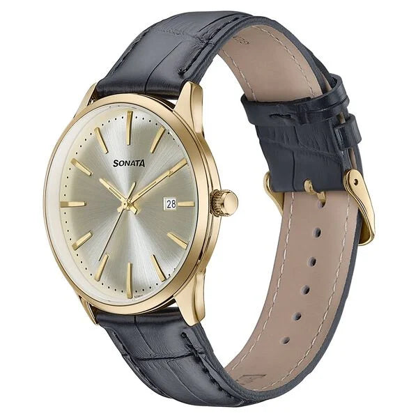 Sonata Wedding Edit Quartz Analog with Date Golden Dial Leather Strap Watch For Men 77166yl01