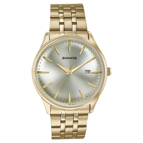 Sonata Wedding Edit Quartz Analog with Date Golden Dial Stainless Steel Strap Watch For Men 77166ym01