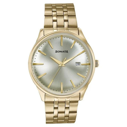 Sonata Wedding Edit Quartz Analog with Date Golden Dial Stainless Steel Strap Watch For Men 77166ym01