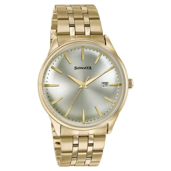 Sonata Wedding Edit Quartz Analog with Date Golden Dial Stainless Steel Strap Watch For Men 77166ym01