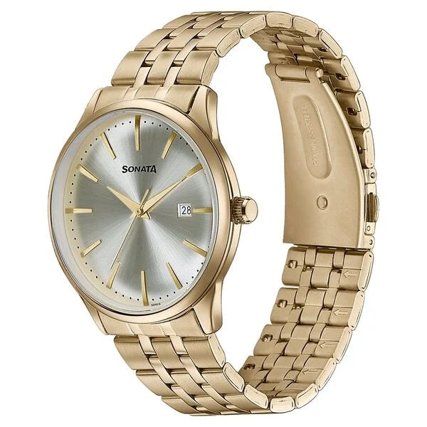 Sonata Wedding Edit Quartz Analog with Date Golden Dial Stainless Steel Strap Watch For Men 77166ym01